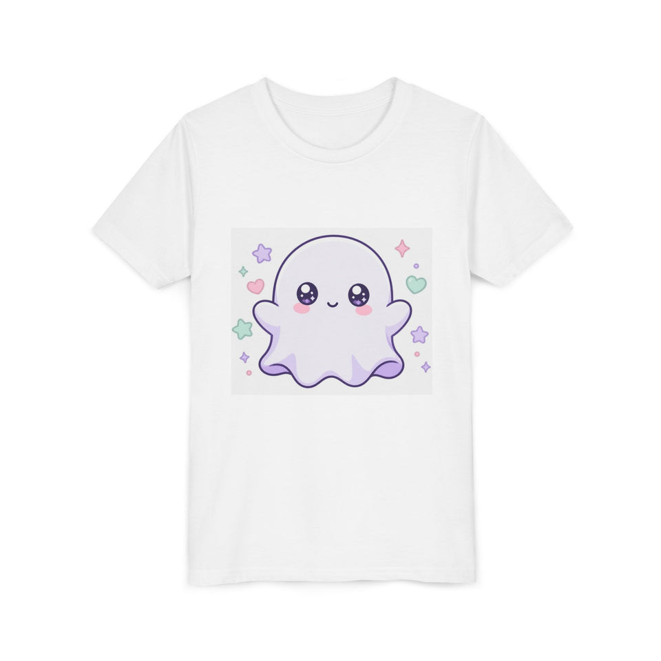 Cute Kawaii Ghost Kids Tee — Pastel Star & Heart Youth T-Shirt