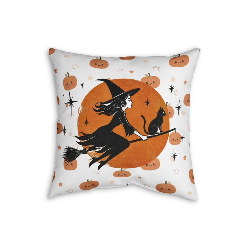 Halloween Witch & Black Cat Faux Linen Pillow — Cute Pumpkin Moon Decorative Throw Pillow