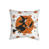 Halloween Witch & Black Cat Faux Linen Pillow — Cute Pumpkin Moon Decorative Throw Pillow