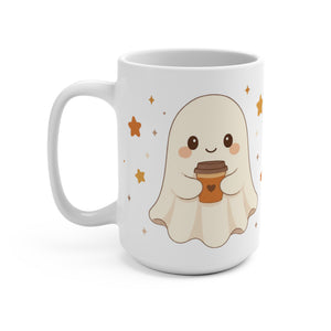 15oz Coffee Mug — Cute Ghost with Coffee & Stars | Halloween Autumn Cute Gift