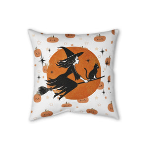 Halloween Witch & Black Cat Faux Linen Pillow — Cute Pumpkin Moon Decorative Throw Pillow