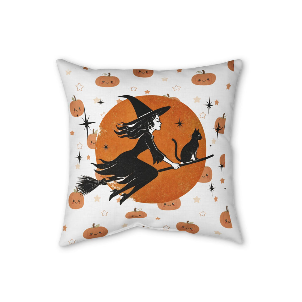 Halloween Witch & Black Cat Faux Linen Pillow — Cute Pumpkin Moon Decorative Throw Pillow