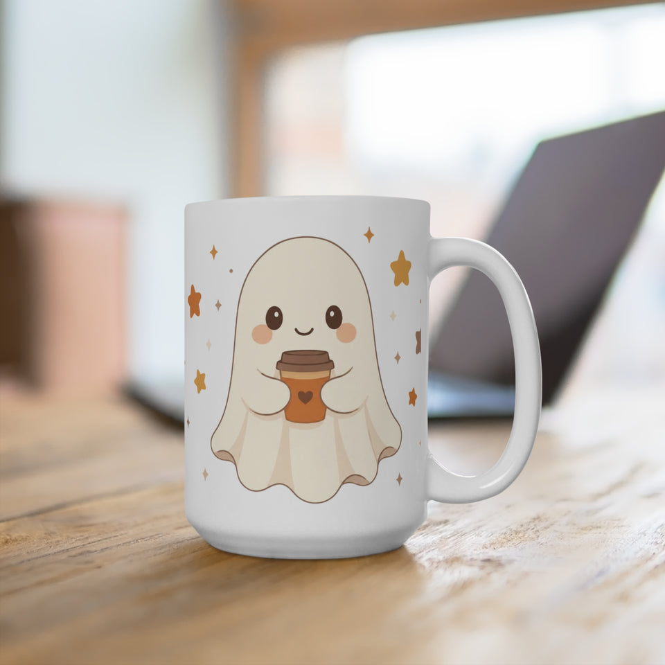 15oz Coffee Mug — Cute Ghost with Coffee & Stars | Halloween Autumn Cute Gift