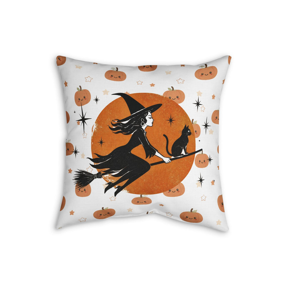 Halloween Witch & Black Cat Faux Linen Pillow — Cute Pumpkin Moon Decorative Throw Pillow