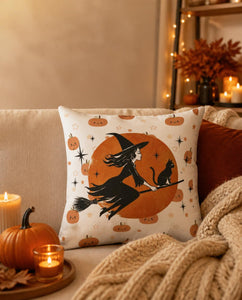 Halloween Witch & Black Cat Faux Linen Pillow — Cute Pumpkin Moon Decorative Throw Pillow