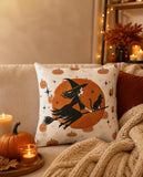 Halloween Witch & Black Cat Faux Linen Pillow — Cute Pumpkin Moon Decorative Throw Pillow