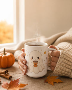 15oz Coffee Mug — Cute Ghost with Coffee & Stars | Halloween Autumn Cute Gift