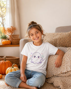 Cute Kawaii Ghost Kids Tee — Pastel Star & Heart Youth T-Shirt