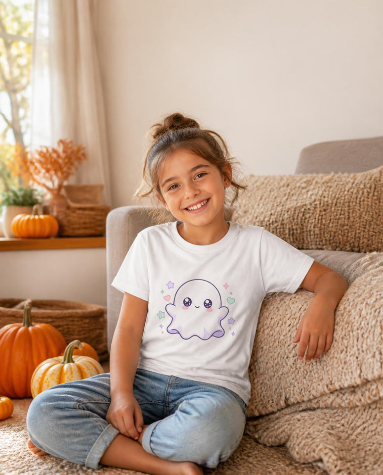 Cute Kawaii Ghost Kids Tee — Pastel Star & Heart Youth T-Shirt