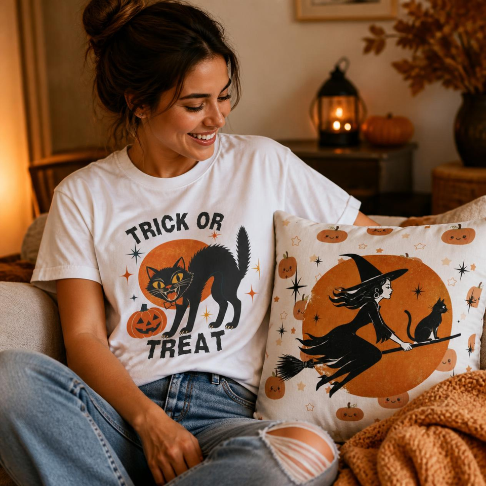 Halloween Wardrobe Bundle: Black Cat Tee + Witch Pillow