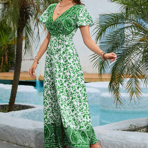 V-neck Summer Bohemian Casual Short Sleeve Floral Print Maxi Dress