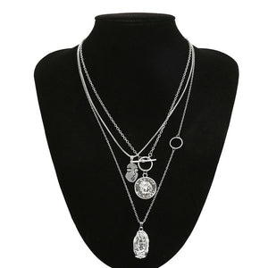 Multi Layer Chain Pendant Necklace Portrait Coin Virgin Mary