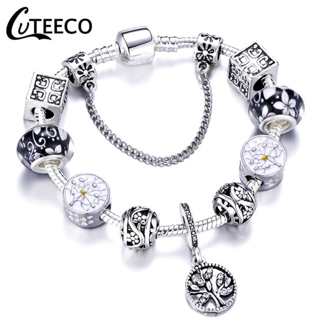 Silver Charms Bracelet Crystal Flower