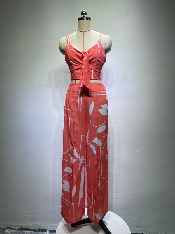 Linen-like casual suit V-neck high-waist printed wide-leg pants two-piece set