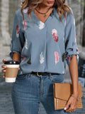 V-Neck Feather Print Cropped Sleeve Loose Blouse