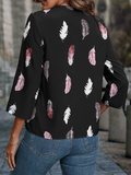 V-Neck Feather Print Cropped Sleeve Loose Blouse