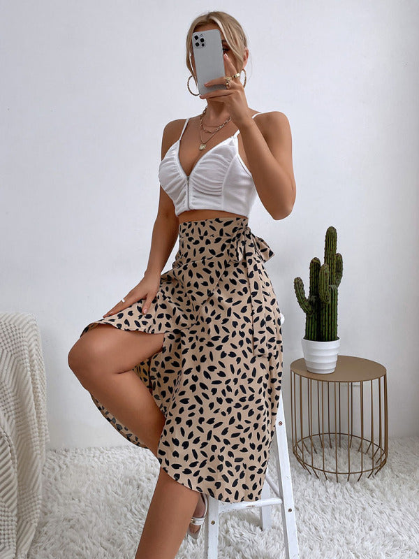 Casual all-match temperament polka dot print slit skirt