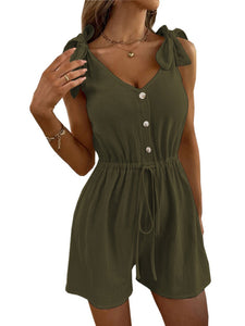 Rompers Solid Color Button Drawstring
