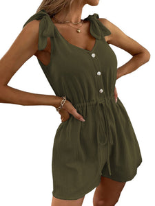 Rompers Solid Color Button Drawstring