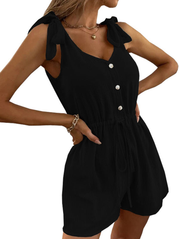 Rompers Solid Color Button Drawstring