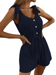 Rompers Solid Color Button Drawstring