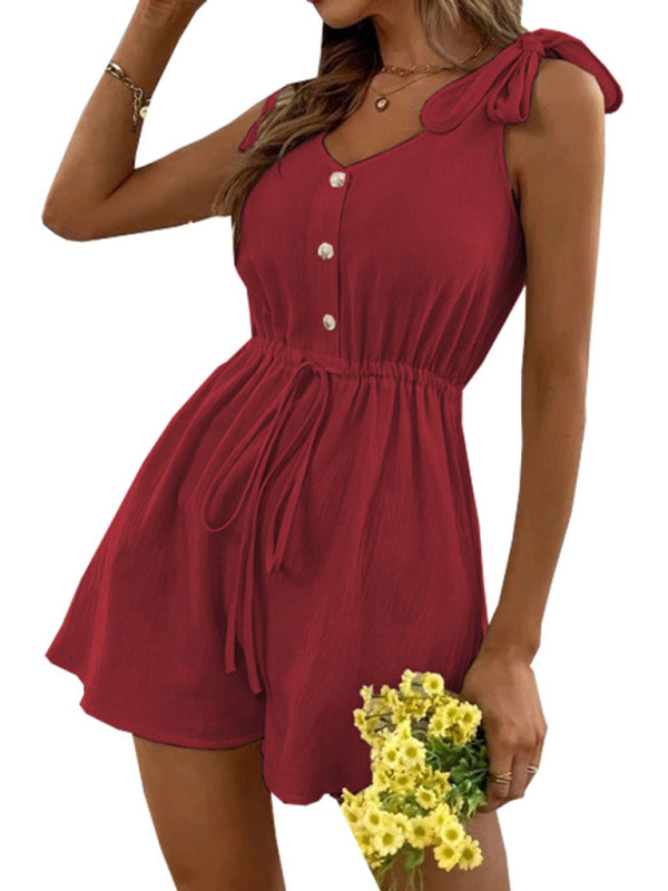 Rompers Solid Color Button Drawstring