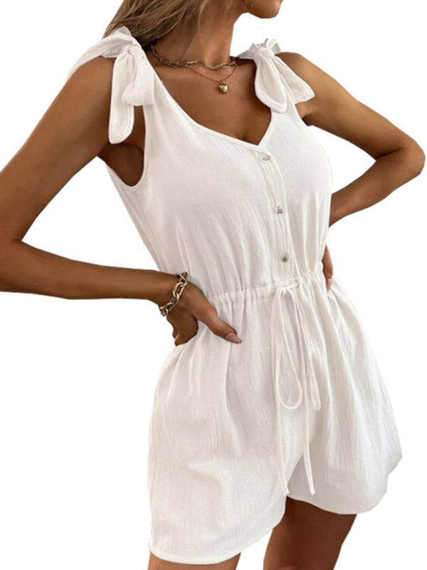 Rompers Solid Color Button Drawstring