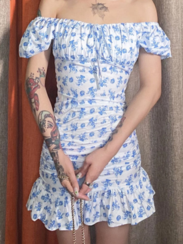 Blue Floral One-Line Neck Puff Sleeve Package Hip Dress